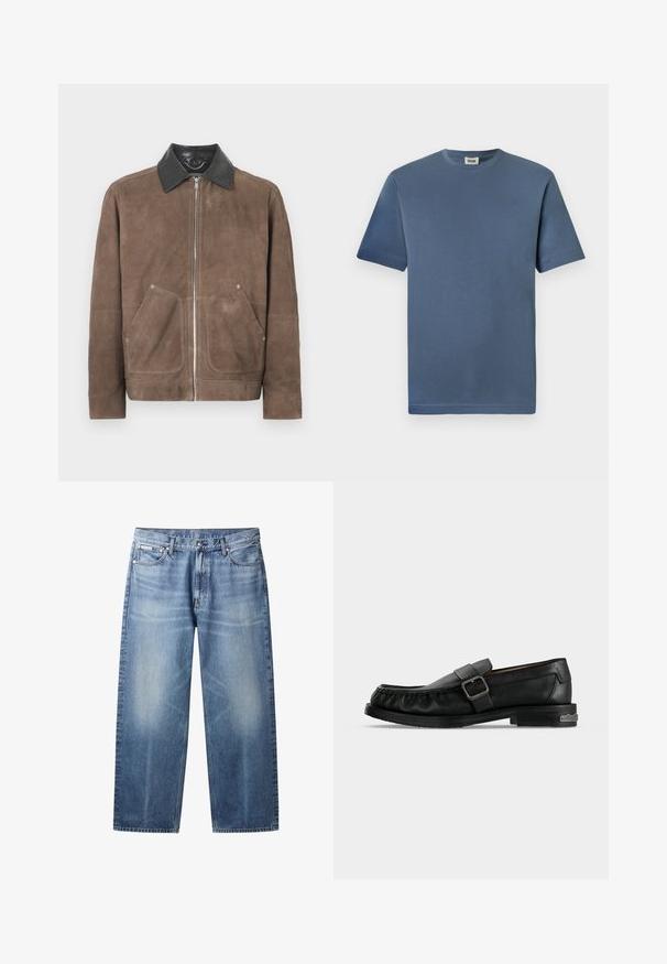 Bruine suedjasje met een zwart leren kraag, voorgesneden ritssluiting en twee grote opgestikte zakken; zachte textuur en casual ontwerp.; Blauwe katoenen t-shirt met een ronde hals en korte mouwen. Heeft een gladde textuur en een rechte zoom. Geen zichtbare patronen of graphics.; Lichtblauwe rechte jeans met vervaagde plekken, vijf zakken, knoopsluiting en Calvin Klein-label op de rechter voorzak.; Zwarte leren loafer met een gesp, gestikte details rondom de neus en een lage hak met metalen accent.