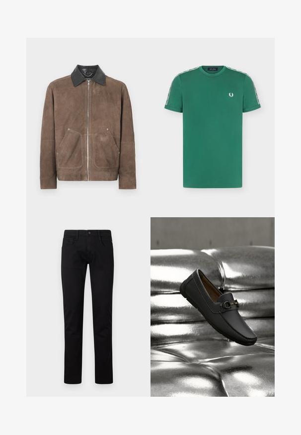 Brun ruskindjakke med en sort læderkrave, lynlås foran og to store lommeposer; blød tekstur og afslappet design.; Grøn T-shirt med korte ærmer med hvidt logo på venstre bryst samt hvide markerede striber langs begge skuldre og ærmer.; Sorte slim fit jeans med forreste knaplukning, bæltestropper og lommer mod en hvid baggrund.; Sort læderloafer med metalspænde flydende over en skinnende sølvlædersofa.
