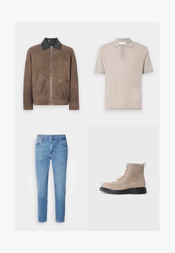 Bruine suedjasje met een zwart leren kraag, voorgesneden ritssluiting en twee grote opgestikte zakken; zachte textuur en casual ontwerp.; Korte mouwen polo in lichtbeige katoen, met een klassieke kraag, twee-knopen sluiting en een gladde, gestructureerde afwerking.; Lichtblauwe denim jeans met een rechte pasvorm, vijf zakken en subtiele vervaging. Voorzien van een knoopsluiting en riemlussen.; Beige suède enkellaarsjes met zwarte rubberen zool, vetersluiting en een klein logo dat aan de zijkant is gedrukt, voorzien van een trekloop aan de achterkant.