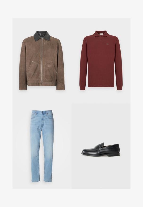 Bruine suedjasje met een zwart leren kraag, voorgesneden ritssluiting en twee grote opgestikte zakken; zachte textuur en casual ontwerp.; Bordeaux lange mouwen polo shirt van katoen, met een klassieke kraag, een drie-knopen sluiting en een klein geborduurd logo op de borst.; Lichtblauwe denim jeans met een rechte pasvorm, vijf zakken en riemlussen. De stof heeft een gladde textuur met een lichte vervaging.; Zwarte leren instappers met een ronde neus, gestikte details en een vlakke rubberen zool. Heeft een brede band over de wreef.