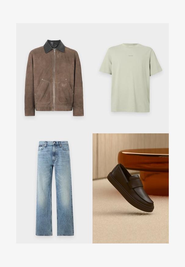Chaqueta de ante marrón con cuello de cuero negro, cierre frontal con cremallera y dos grandes bolsillos de parche; textura suave y diseño informal.; Camiseta de algodón verde clara con cuello redondo, mangas cortas y un pequeño logo de Calvin Klein en una tonalidad más oscura impreso en el pecho.; Vaqueros de mezclilla azul claro de corte recto con cintura alta, cinco bolsillos, cierre de botón y sutil desgaste en los muslos y las rodillas.; Un único zapato mocasín de cuero marrón oscuro flotando sobre una alfombra color crema con una mesa naranja redondeada al fondo.