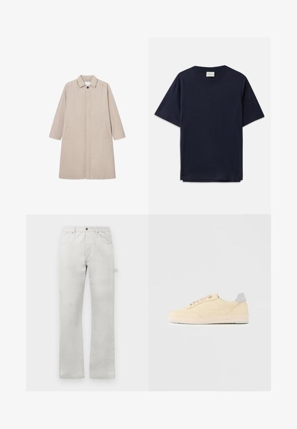 Beige regenjas van lichtgewicht materiaal, met een kraag, knoopsluiting en twee zijzakken, lange mouwen en een rechte pasvorm.; Donkerblauwe katoenen T-shirt met korte mouwen, ronde halslijn en een ontspannen pasvorm. Etiket leest "CLOSED" bij de halslijn. Vette textuur.; Lichtgrijze broek met een rechte pasvorm, gemaakt van gladde katoenstof, met voorzakken en een zijcargozak.; Beige lage sneaker met veters aan de voorkant, lichtroze zool en een grijze hieltab met het merk "Filling Pieces", zijaanzicht op een effen achtergrond.
