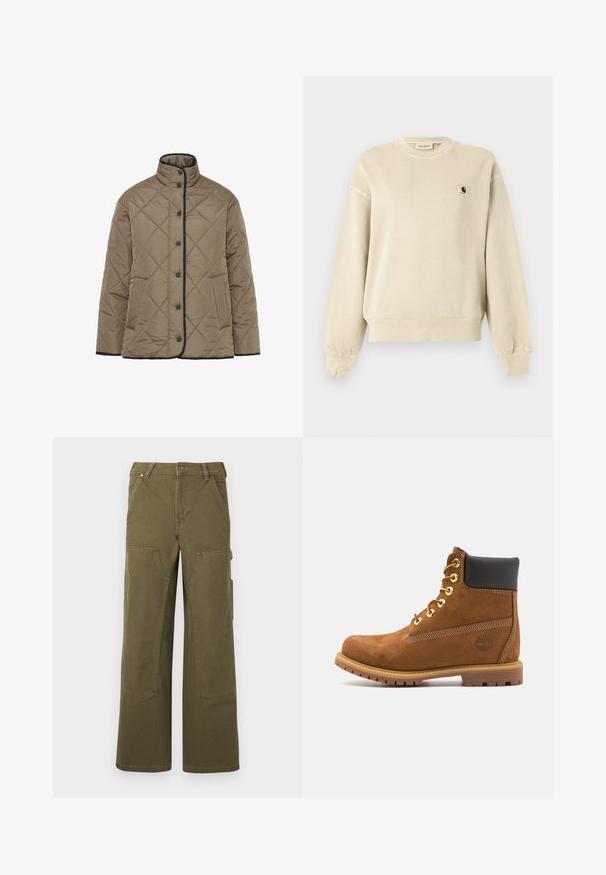 Veste matelassée rembourrée en vert olive avec un col montant, des détails noirs, des fermetures à boutons sur le devant et des poches latérales. Motif en diamant sur l'ensemble.; Sweat-shirt beige à manches longues avec col rond, poignets et ourlet côtelés, doté d'un petit patch logo Carhartt sur la poitrine gauche.; Pantalons cargo vert olive fabriqués en tissu durable, avec des jambes larges, plusieurs poches et des accents en métal pour une fonctionnalité supplémentaire.; Bottine en suede marron avec col rembourré noir, œillets en or, devant à lacets et semelle en caoutchouc avec un motif texturé.