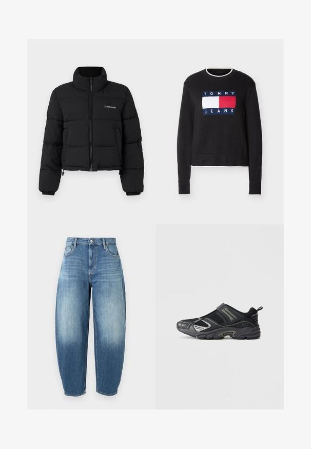 Sort cropped puffer-jakke med høj krave, lynlås foran, sydde paneler og "GUESS JEANS" logo broderet på venstre bryst.; Sort crewneck-trøje med hvidt og rødt Tommy Jeans-logo på fronten, ribstrikkede manchetter og kant samt hvid kant ved hals, manchetter og kant.; Lysblå denim jeans med løs pasform, høj talje og slidte accenter. Har forlommer og knaplukning. Oprullede kantdetaljer.; Sort atletiksko med mesh-overdel, slankt design, sølvdetaljer, polstret sål og elastisk rem. Ingen snørebånd; logo detalje på siden.