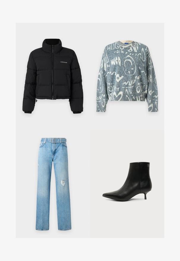Veste doudoune noire courte avec un col haut, fermeture éclair sur le devant, panneaux cousus, et logo "GUESS JEANS" brodé sur la poitrine gauche.; Pull tricoté bleu et blanc avec des gribouillis abstraits blancs, des formes et des motifs de texte partiel, doté d'un col rond et de manches longues.; Jean en denim bleu clair à jambe large, avec des détails abîmés aux genoux et un design classique à cinq poches avec passants de ceinture.; Bottine en cuir noir avec bout pointu et petit talon kitten sur fond clair, vue côté extérieur.