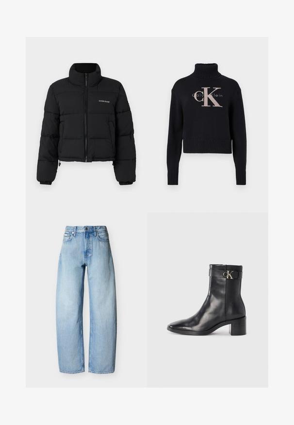 Čierna skrátená puffer bunda s vysokým golierom, zipsom vpredu, prešitými panelmi a vyšitým logom "GUESS JEANS" na ľavej hrudi.; Námornícky modrý skrátený sveter s rebrovaným rolákom, s jemne ružovou vyšitou 'CK' logom a textom 'calvin klein'. Hladká pletená textúra.; Svetlomodré džínsy rovného strihu s piatimi vreckami, očkami na opasok a predným zapínaním na gombík.; Čierne kožené členkové čižmy s špicatou špičkou, blokovým podpätkom a pásikom s kovovým logom. Hladká textúra a minimalistický dizajn.