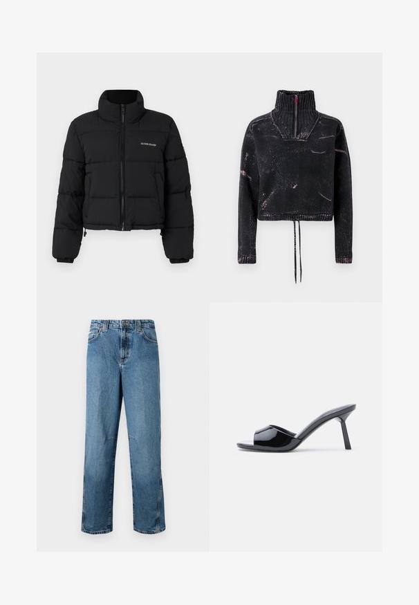 Čierna skrátená puffer bunda s vysokým golierom, zipsom vpredu, prešitými panelmi a vyšitým logom "GUESS JEANS" na ľavej hrudi.; Čierny skrátený sveter s vysokým golierom, polovičným zipsom, textúrovanou tkaninou a ružovým vzorom postriekania na prednej strane a rukávoch.; Svetlo modré džínsy s rovnym strihom, s prešitými vreckami, predným zapínaním na gombík a minimálnym vyblednutím na látke.; Čierne lakované kožené sandále na podpätku s otvorenou špičkou, s výrazným zakriveným horným dizajnom a štíhlym ihlovým podpätkom. Hladký lesklý povrch.
