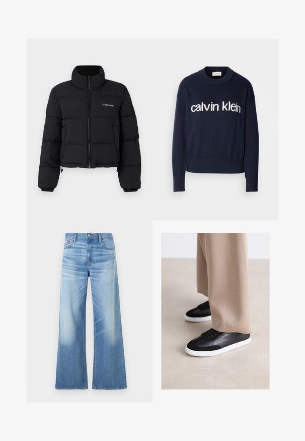 Veste doudoune noire courte avec un col haut, fermeture éclair sur le devant, panneaux cousus, et logo "GUESS JEANS" brodé sur la poitrine gauche.; Pull en maille bleu marine avec un logo "calvin klein" blanc sur la poitrine, des poignets et un ourlet côtelés, fabriqué à partir d'un matériau en tricot doux.; Calvin Klein Jeans LOW RISE BAGGY - Jean boyfriend - diamond cove; Baskets en cuir noir avec des accents en daim, dotées d'une semelle en caoutchouc blanc et de lacets noirs. Associées à un pantalon large beige.