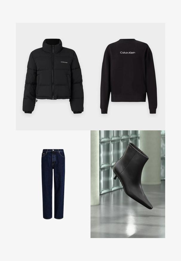 Sort cropped puffer-jakke med høj krave, lynlås foran, sydde paneler og "GUESS JEANS" logo broderet på venstre bryst.; Sort sweatshirt lavet af bomuld med ribbet rund halsudskæring, lange ærmer og trykt "Calvin Klein" logo i hvidt over brystet.; Mørkeblå denim jeans med lige ben-design, der har høj talje, fem-lomme-stil og kontrastsyninger. Ingen dekorationer.; Sort læderankelstøvle med spids tå og lille hæl vist mod en væg af glasblokke og poleret gulv baggrund.