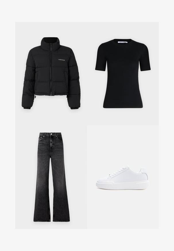 Zwarte cropped pufferjack met hoge kraag, rits aan de voorkant, gestikte panelen en het 'GUESS JEANS'-logo geborduurd op de linkerkant van de borst.; Zwart nauwsluitend T-shirt met korte mouwen, een ronde hals en een label aan de binnenkant van de kraag tegen een effen lichte achtergrond.; Wijde zwarte denim jeans met een licht vervaagde afwerking, hoge taille, metalen knoopsluiting en minimale stikdetails.; Witte lage sneaker met vetersluiting, dikke zool en glad bovenwerk, gezien vanaf de buitenkant tegen een effen lichte achtergrond.