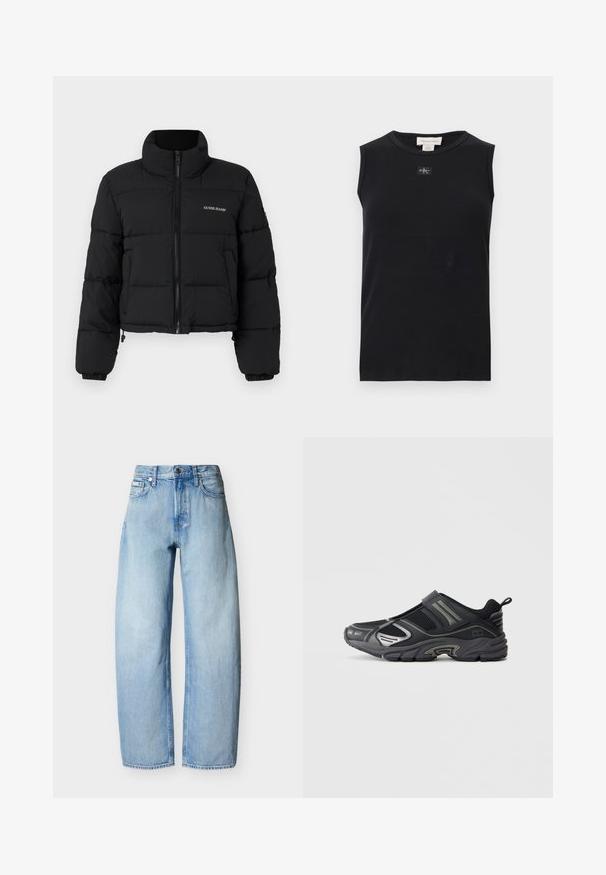 Zwarte cropped pufferjack met hoge kraag, rits aan de voorkant, gestikte panelen en het 'GUESS JEANS'-logo geborduurd op de linkerkant van de borst.; Zwart mouwloos, geribbeld tanktop met ronde hals en een klein Calvin Klein-logoplaatje in het midden onder de kraag.; Lichtblauwe denim jeans met rechte pijpen, vijf zakken, riemlussen en een knoopsluiting aan de voorkant.; Zwarte sportieve schoen met een bovenwerk van mesh, slank ontwerp, zilveren accenten, gevoerde zool en elastische band. Geen veters; logo-detail aan de zijkant.