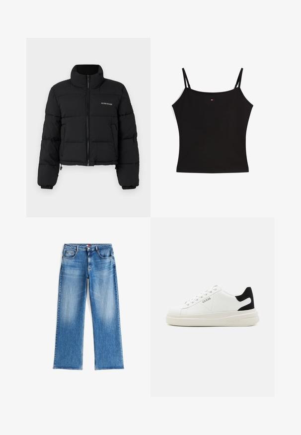 Veste doudoune noire courte avec un col haut, fermeture éclair sur le devant, panneaux cousus, et logo "GUESS JEANS" brodé sur la poitrine gauche.; Débardeur noir à fines bretelles avec un petit logo rouge, blanc et bleu centré près du col.; Jean droit bleu en denim avec poches avant, passants de ceinture et fermeture à bouton sur fond blanc.; Baskets en cuir blanc avec une épaisse semelle blanche, un accent en daim noir au niveau du talon et un logo embossé sur le côté. Design à lacets avec six œillets.