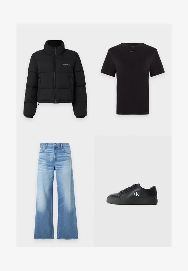 Mustvalge lühikeste varrukatega puhvjak metod, millel on kõrge krae, tõmblukk ees, õmblustatud paneelid ja "GUESS JEANS" logo tikandina vasakul rinnal.; Must musta t-särk lühikeste käistega, ümberringi kaelusega ja väikese valge "Calvin Klein" logo'ga rinnal. Sile tekstuur, klassikaline lõige.; Calvin Klein Jeans LOW RISE BAGGY - Avar lõikega teksad - diamond cove; Must musta tossudega nahast sneakers, millel on lame kummitald, ümmargune varvas, ühesuguste nööridega ja hõbedane logo välisküljel. Sujuv tekstuur ja minimalistlik disain.