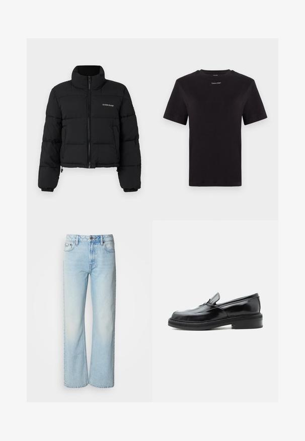 Veste doudoune noire courte avec un col haut, fermeture éclair sur le devant, panneaux cousus, et logo "GUESS JEANS" brodé sur la poitrine gauche.; T-shirt noir en coton à manches courtes, col rond, avec un petit logo blanc "Calvin Klein" sur la poitrine. Texture lisse, coupe classique.; Jeans à jambes larges bleu clair en denim, présentant un design classique à cinq poches et une texture légèrement décolorée. La couture en denim est visible.; Mocassin en cuir noir à enfiler avec un petit talon et un bout carré arrondi, vu de côté sur un fond blanc uni.