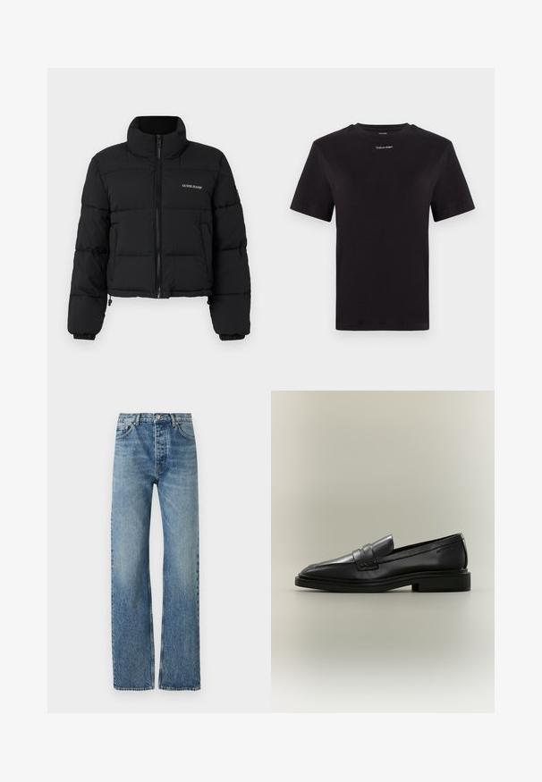 Sort cropped puffer-jakke med høj krave, lynlås foran, sydde paneler og "GUESS JEANS" logo broderet på venstre bryst.; Sort bomulds t-shirt med korte ærmer, rund halsudskæring og lille hvid "Calvin Klein" logo på brystet. Glat tekstur, klassisk pasform.; Lyseblå, høj talje jeans med lige ben, lavet af denimstof. Har klassisk fem-lomme design og sølv hardware.; Sort læder penny loafer med lav hæl, rundet tå og syede detaljer på en neutral baggrund.