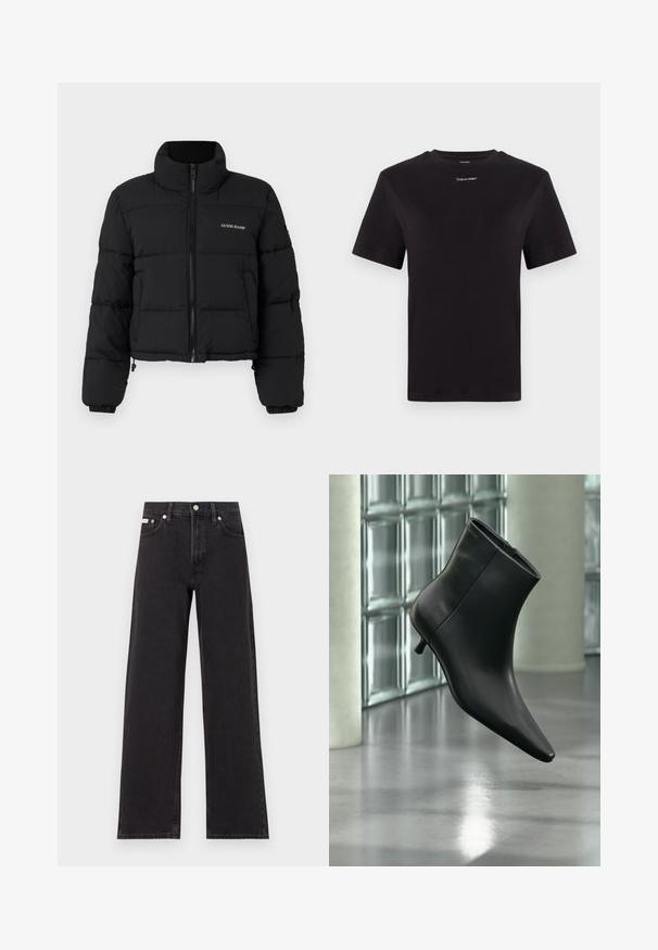 Sort cropped puffer-jakke med høj krave, lynlås foran, sydde paneler og "GUESS JEANS" logo broderet på venstre bryst.; Sort bomulds t-shirt med korte ærmer, rund halsudskæring og lille hvid "Calvin Klein" logo på brystet. Glat tekstur, klassisk pasform.; Sorte vidde jeans lavet af denim, med høj talje, fem-lomme stil og en metalknap lukning med kontrasterende syninger.; Sort læderankelstøvle med spids tå og lav kitten-hæ, vist vinklet mod en poleret gulv- og glasblokvæg.