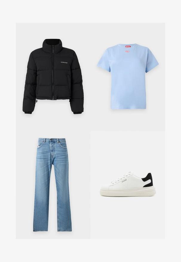 Čierna skrátená puffer bunda s vysokým golierom, zipsom vpredu, prešitými panelmi a vyšitým logom "GUESS JEANS" na ľavej hrudi.; Svetlomodré bavlnené tričko s krátkym rukávom s červeným označením značky Diesel na krku a malým červeným oválnym logom pod golierom.; Svetlomodré džíny z denimu s rovnou nohou, so štandardným pásom, piatimi vreckami a jemným vyblednutím na látke.; Biele kožené tenisky s hrubou bielou podrážkou, čiernym zamekom na päte a vyrazeným logom na boku. Šnurovací dizajn so šiestimi očkami.