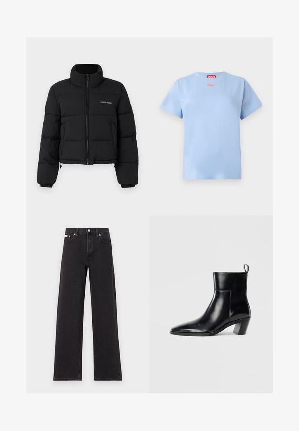 Sort cropped puffer-jakke med høj krave, lynlås foran, sydde paneler og "GUESS JEANS" logo broderet på venstre bryst.; Lyseblå kortærmet bomulds T-shirt med rød Diesel mærkeetiket ved halsen og lille rød oval logo under kraven.; Sorte vidde jeans lavet af denim, med høj talje, fem-lomme stil og en metalknap lukning med kontrasterende syninger.; Sort læder ankelstøvle med spids tå, geometrisk stablet hæl og en løftestrop bagpå. Glat tekstur og slankt design.
