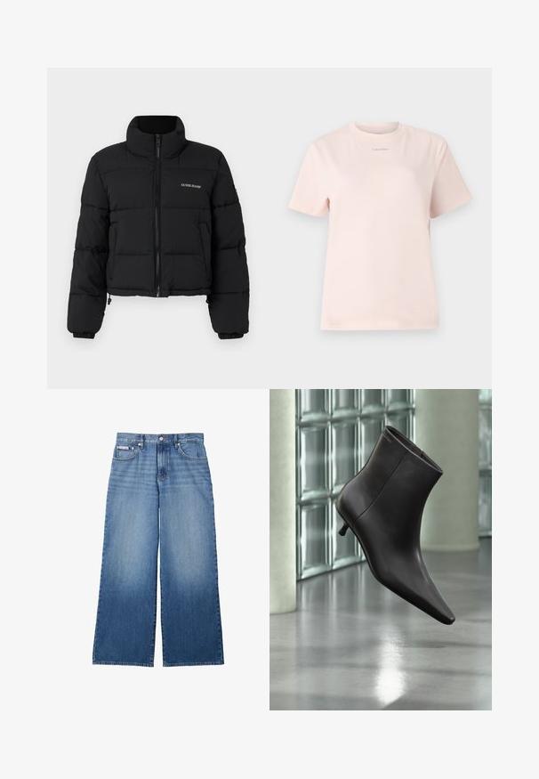 Sort cropped puffer-jakke med høj krave, lynlås foran, sydde paneler og "GUESS JEANS" logo broderet på venstre bryst.; Lyserød bomulds t-shirt med rund hals, korte ærmer og et lille "Calvin Klein" logo trykt i en matchende farve på brystet.; Vidbenede blå denim jeans med falmet front, fem-lomme stil, knap- og lynlåslukning samt lille Calvin Klein-label på forlommen.; Sort læderankelstøvle med spids tå og lille hæl vist mod en væg af glasblokke og poleret gulv baggrund.