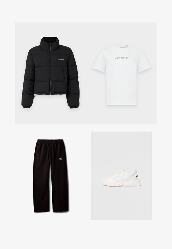 Zwarte cropped pufferjack met hoge kraag, rits aan de voorkant, gestikte panelen en het 'GUESS JEANS'-logo geborduurd op de linkerkant van de borst.; Witte katoen t-shirt met een ronde hals en korte mouwen. Het shirt toont de tekst "Calvin Klein" in grijs over de borst.; Zwarte wijde broek met elastische tailleband en zijzakken, met een klein Calvin Klein logo-patch op de rechterdij.; Witte lage sneaker met een bovenzijde van een mix van mesh en leer, vetersluiting, dikke zool en zwarte tekst "HUGO" op het hielstuk.