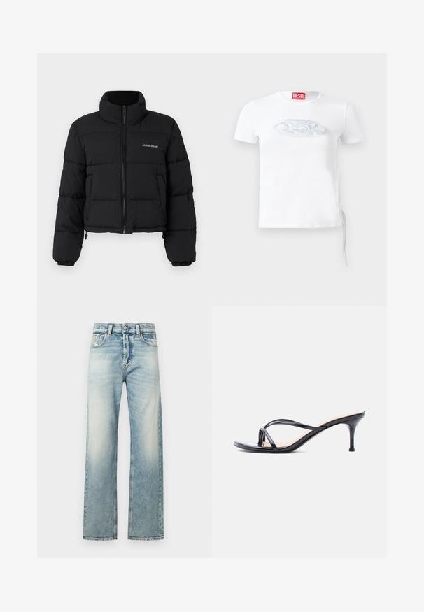 Sort cropped puffer-jakke med høj krave, lynlås foran, sydde paneler og "GUESS JEANS" logo broderet på venstre bryst.; Hvid kortærmet t-shirt lavet af bomuld, med et diskret præget logo i blågrå på brystet og justerbar snørredetalje i siden.; Lyseblå vid jeans lavet af denim. Har en falmet vask, standard fem-lommer design og en knaplukning med frontlynlås.; Sort laklædersandal med hæl, tynde krydsede remme og en slank mellemhøj stilethæl på en hvid baggrund.