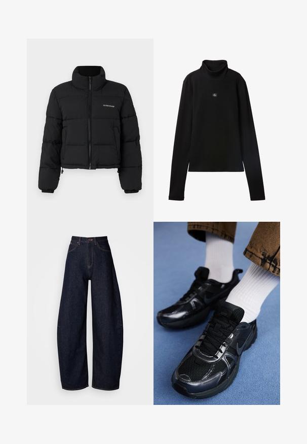 Veste doudoune noire courte avec un col haut, fermeture éclair sur le devant, panneaux cousus, et logo "GUESS JEANS" brodé sur la poitrine gauche.; Haut noir à col roulé côtelé à manches longues avec petit patch carré du logo Calvin Klein centré sur la poitrine.; Jeans en denim bleu foncé à jambes larges, avec une taille haute, une coupe droite, un design à cinq poches et des coutures contrastées.; Baskets Nike noires en mesh et matériau synthétique, avec une tige texturée, des lacets noirs et des semelles en caoutchouc durables. Chaussettes blanches côtelées visibles.