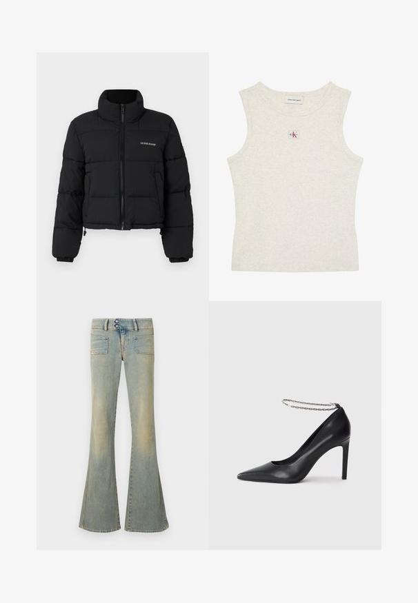 Veste doudoune noire courte avec un col haut, fermeture éclair sur le devant, panneaux cousus, et logo "GUESS JEANS" brodé sur la poitrine gauche.; Débardeur beige clair sans manches à côtes avec étiquette Calvin Klein Jeans à l'intérieur du col et petite écusson logo CK centré sous l'encolure.; Jean évasé bleu en denim, présentant une finition délavée, deux poches avant, deux poches arrière, et une fermeture à double bouton à la taille.; Escarpin noir en cuir avec un bout pointu, doté d'une fine bride de cheville en chaîne argentée et d'une texture lisse et élégante.