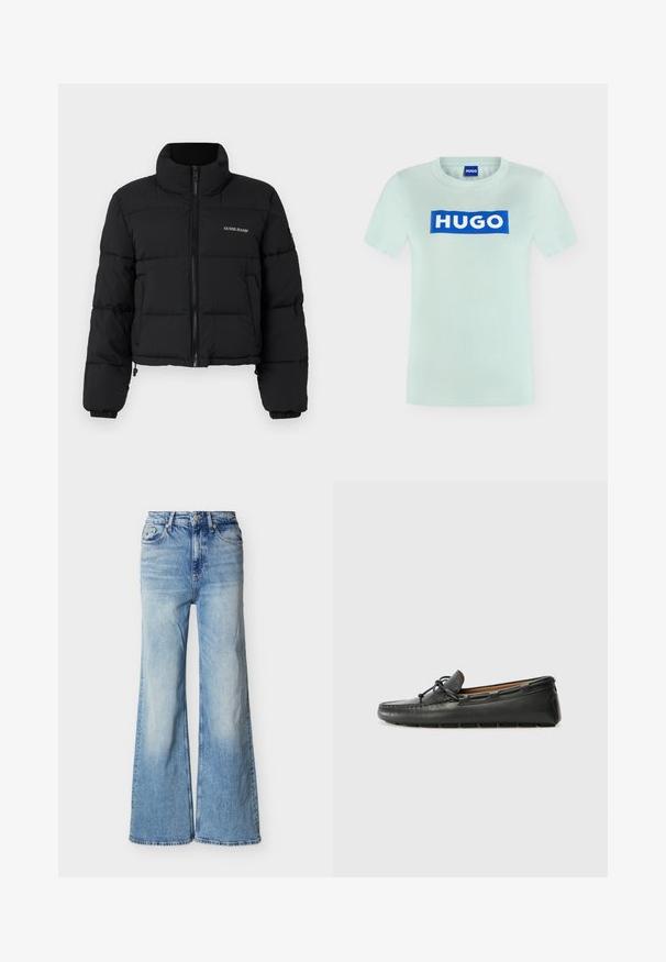 Zwarte cropped pufferjack met hoge kraag, rits aan de voorkant, gestikte panelen en het 'GUESS JEANS'-logo geborduurd op de linkerkant van de borst.; Lichtblauw T-shirt met korte mouwen en een blauw rechthoekig logo in het midden met daarop "HUGO" in witte letters.; Lichtblauwe denim jeans met hoge taille en wijde pijpen, met vervaagde waseffecten, knoopsluiting aan de voorkant en een ontwerp met vijf zakken.; Zwarte leren bootshoe met een ronde neus, gestikte details, een kleine strikaccent en een rubberen zool. Soepele textuur en gestroomlijnd ontwerp.