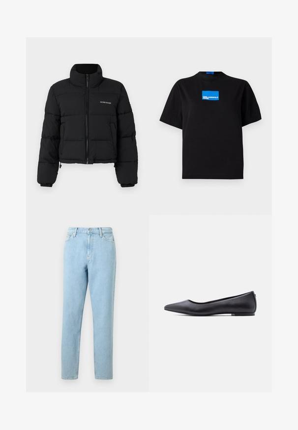 Čierna skrátená puffer bunda s vysokým golierom, zipsom vpredu, prešitými panelmi a vyšitým logom "GUESS JEANS" na ľavej hrudi.; Čierne bavlnené tričko s okrúhlym výstrihom, na prednej strane s modrým obdĺžnikovým grafickým logom s nápisom "KARL LAGERFELD JEANS".; Svetlomodré džínsy s rovnými nohavicami, dizajnom piatich vreciek a zapínaním na gombík. Obsahujú jemné vyblednutia a hladký povrch.; Čierna kožená balerína s špičatou špičkou a nízkym podpätkom, zobrazená z profilu na bielom pozadí.