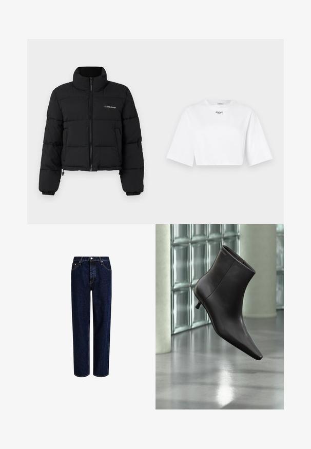 Sort cropped puffer-jakke med høj krave, lynlås foran, sydde paneler og "GUESS JEANS" logo broderet på venstre bryst.; Hvid cropped t-shirt lavet af bomuld med brede korte ærmer. Har et lille sort "JOOP! Jeans" logo trykt på fronten.; Mørkeblå denim jeans med lige ben-design, der har høj talje, fem-lomme-stil og kontrastsyninger. Ingen dekorationer.; Sort læderankelstøvle med spids tå og lille hæl vist mod en væg af glasblokke og poleret gulv baggrund.