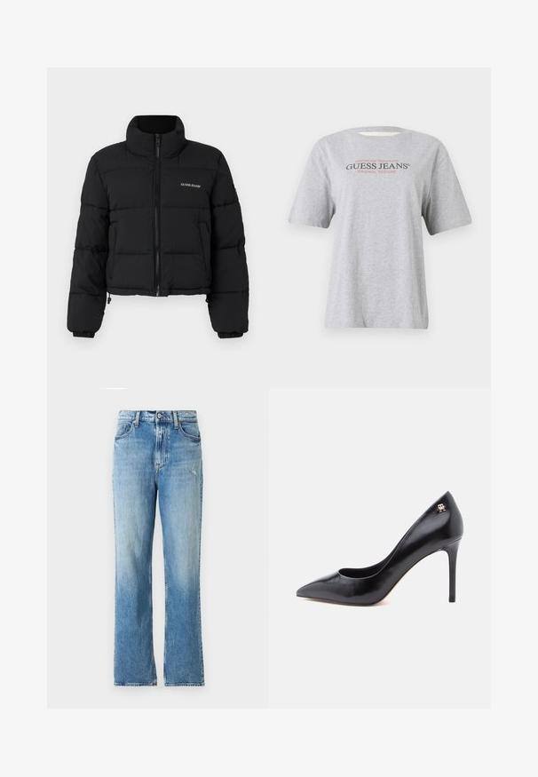 Čierna skrátená puffer bunda s vysokým golierom, zipsom vpredu, prešitými panelmi a vyšitým logom "GUESS JEANS" na ľavej hrudi.; Šedé tričko s krátkym rukávom s textom "Americká tradícia GUESS JEANS® ORIGINÁLNE DIZAINY" v čiernom a červenom písmene.; Svetlomodré denimové džínsy so strihom rovného nohavice. Majú vyblednutý vzhľad, štýl s piatimi vreckami a pútka na opasok na páse.; Čierny vysoký podpätok z kože so špicatou špičkou, s dizajnom s výrezmi a malým zlatým logom na päte.
