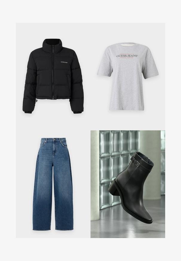 Veste doudoune noire courte avec un col haut, fermeture éclair sur le devant, panneaux cousus, et logo "GUESS JEANS" brodé sur la poitrine gauche.; T-shirt gris à manches courtes arborant le texte "American Tradition GUESS JEANS® ORIGINAL DESIGNS" en lettres noires et rouges.; Jeans évasés en denim bleu foncé. Caractéristiques : taille haute, cinq poches et fermeture par bouton supérieur. Texture légèrement délavée sur l'ensemble.; Bottine noire en cuir avec un petit talon bloc et une sangle décorative, présentée dans un cadre intérieur moderne et minimaliste.