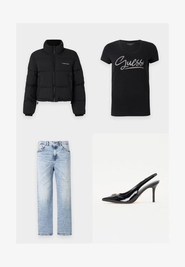 Čierna skrátená puffer bunda s vysokým golierom, zipsom vpredu, prešitými panelmi a vyšitým logom "GUESS JEANS" na ľavej hrudi.; Čierne dámske tričko s krátkym rukávom, okrúhlym výstrihom a logom "Guess" dekorovaným malými striebornými kamienkami na hrudi.; Svetlomodré riflové nohavice s rovnými nohavicami, s jemným opotrebovaním a tradičným dizajnom s piatimi vreckami. Klasický pás s gombíkom.; Čierne lakované kožené slingback topánky s ostrou špičkou, štíhlým stiletto podpätkom a ozdobným prvkom na priehlavku.