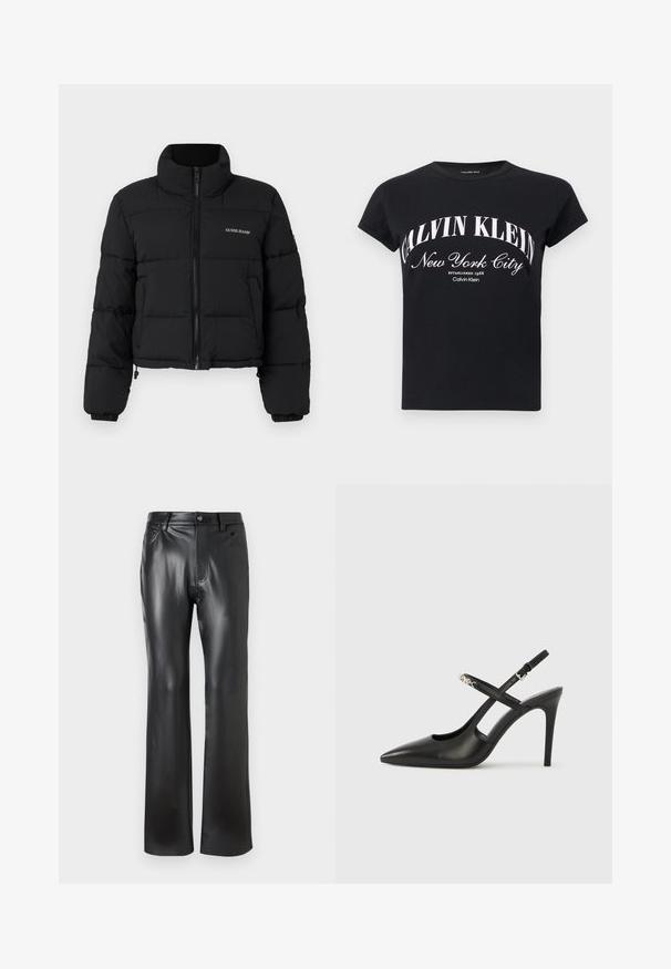 Zwarte cropped pufferjack met hoge kraag, rits aan de voorkant, gestikte panelen en het 'GUESS JEANS'-logo geborduurd op de linkerkant van de borst.; Zwart T-shirt met korte mouwen en witte tekst "Calvin Klein New York City Established 1968" gecentreerd op de voorkant.; Zwarte high-waist neplederen broek met rechte pijpen, riemlussen, knoop aan de voorkant, ritssluiting en voor- en achterzakken.; Zwarte leren slingback pumps met hoge hak, puntige neus, opengewerkt ontwerp en verstelbare band met metalen beslag.