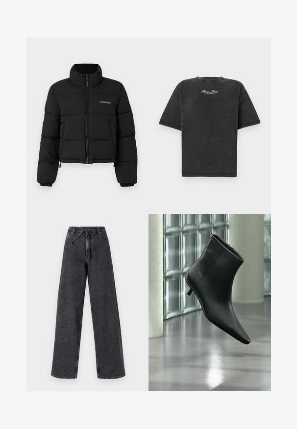 Schwarze, cropped Pufferjacke mit hohem Kragen, Reißverschlussfront, gesteppten Paneelen und dem auf die linke Brust gestickten "GUESS JEANS"-Logo.; Guess Jeans SCRIPT TEE - T-Shirt print - jet black; Hochtaillierte, weit geschnittene schwarze Jeans aus Denim mit einem Kordelzugverschluss. Verfügt über eine verwaschene Textur und subtile Steppdetails.; Schwarzer Leder-Stiefelette mit spitzer Zehenpartie und niedrigem Kitten-Heel, schräg dargestellt vor einem polierten Boden und einer Glasbausteinwand.