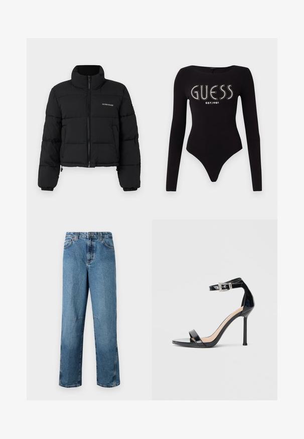 Veste doudoune noire courte avec un col haut, fermeture éclair sur le devant, panneaux cousus, et logo "GUESS JEANS" brodé sur la poitrine gauche.; Bodysuit noir à manches longues avec un décolleté en scoop, présentant "GUESS" en strass et "EST.1981" en blanc, conçu en tissu extensible.; Jean en denim bleu clair avec une coupe droite, dotée de poches cousues, d'une fermeture à bouton sur le devant et d'un léger délavage sur le tissu.; Sandale à talon haut en cuir verni noir avec bride à la cheville. Présente un design minimaliste, un bout ouvert et une boucle ornée de strass.