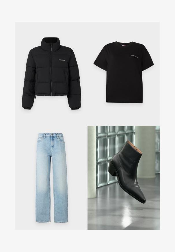 Veste doudoune noire courte avec un col haut, fermeture éclair sur le devant, panneaux cousus, et logo "GUESS JEANS" brodé sur la poitrine gauche.; T-shirt noir à manches courtes en coton avec un col rond et un petit logo blanc sur la poitrine gauche. Design simple et coupe décontractée.; Jeans en denim bleu clair à jambes larges avec un design classique à cinq poches, fermeture à bouton et décoloration subtile pour la texture.; Bottine en cuir noir avec un bout pointu et un talon carré lévitant au-dessus d'un sol gris réfléchissant près d'un mur en blocs de verre.