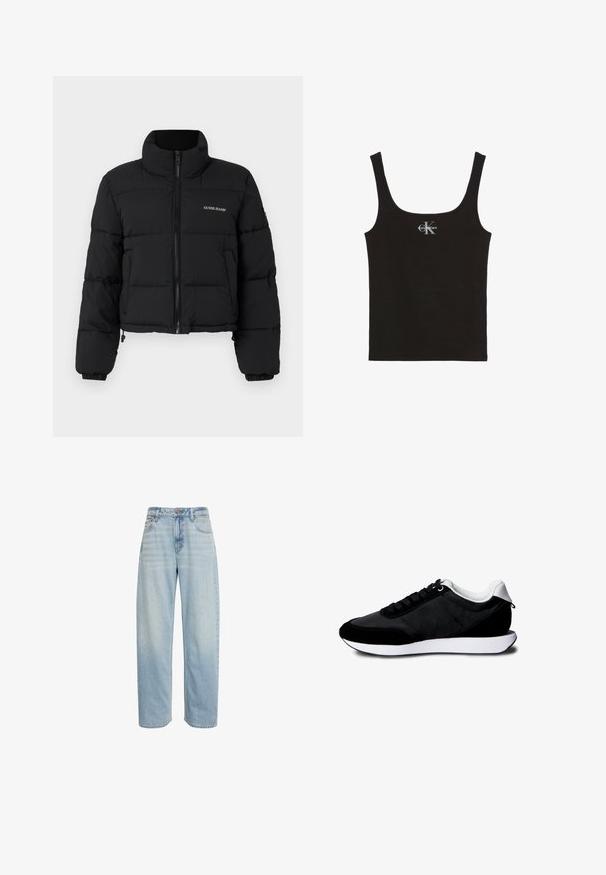 Sort cropped puffer-jakke med høj krave, lynlås foran, sydde paneler og "GUESS JEANS" logo broderet på venstre bryst.; Sort bomulds tanktop med rund halsudskæring og brede skulderstropper. Har et lille trykt "Calvin Klein"-logo på forsiden.; Lys blå jeans med højtaljet lige ben, fem lommer og knaplukning, vist mod en hvid baggrund.; Sort lavtop sneaker med hvid sål og hælkappe, sorte snørebånd og glatte samt ruskindslignende teksturpaneler på siderne.