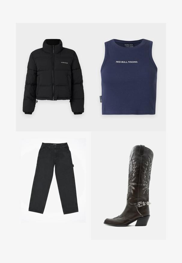 Veste doudoune noire courte avec un col haut, fermeture éclair sur le devant, panneaux cousus, et logo "GUESS JEANS" brodé sur la poitrine gauche.; Haut court sans manches bleu marine avec "RED BULL RACING" brodé en blanc sur la poitrine, tissu côtelé et petite étiquette latérale.; Pantalon en denim noir avec une coupe droite, doté de poches avant, passants de ceinture et d'une fermeture à bouton. Texture lisse, sans motifs visibles.; Botte de cowboy en cuir noir avec découpes décoratives, boucle argentée et talon incliné, présentée sur fond blanc.