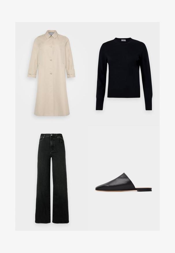 Beige trenkkura, joka on suoralinjainen, nappisuljenta ja kauluksellinen kaulus. Varustettu sivutaskuilla ja käännetyillä hihoilla. Tasainen pinta.; Musta neulepullover, jossa on pyöreä kaula-aukko ja pitkät hihat. Ominaisuuksiin kuuluu sileä pinta ja ribbireunat, mikä tarjoaa klassisen istuvuuden ja muotoilun.; Leveälahkeiset mustat farkut denimiä. Korkea vyötärö, jossa napillinen suljenta ja viiden taskun malli. Sileä pinta, jossa vähän haalistumaa.; Musta nahkainen liukusännistysmallinen mulesukka, jossa on kärjestä kärkikärkinen ja litteä vaaleanruskea pohja, vaaleanharmaata taustaa vasten.