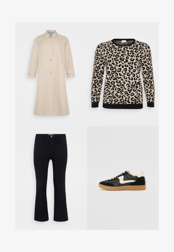 Beige trenchcoat met een recht model, knoopsluitingen en een kraag. Voorzien van zijzakken en omgeslagen mouwen. Glad textuur.; Beige trui met luipaardpatroon en zwarte vlekken. Heeft een ronde halslijn en een zwarte ribgebreide zoom en manchetten. Gemaakt van gebreide stof.; ONLY Carmakoma Flared fit CARTHUNDER Mid waist - Flared Jeans - black denim; Zwarte suède en leren sneaker met een crèmekleurige zij-swoosh en lichte crèmekleurige hiel. Voorzien van beige veters en een gumrubberen zool.