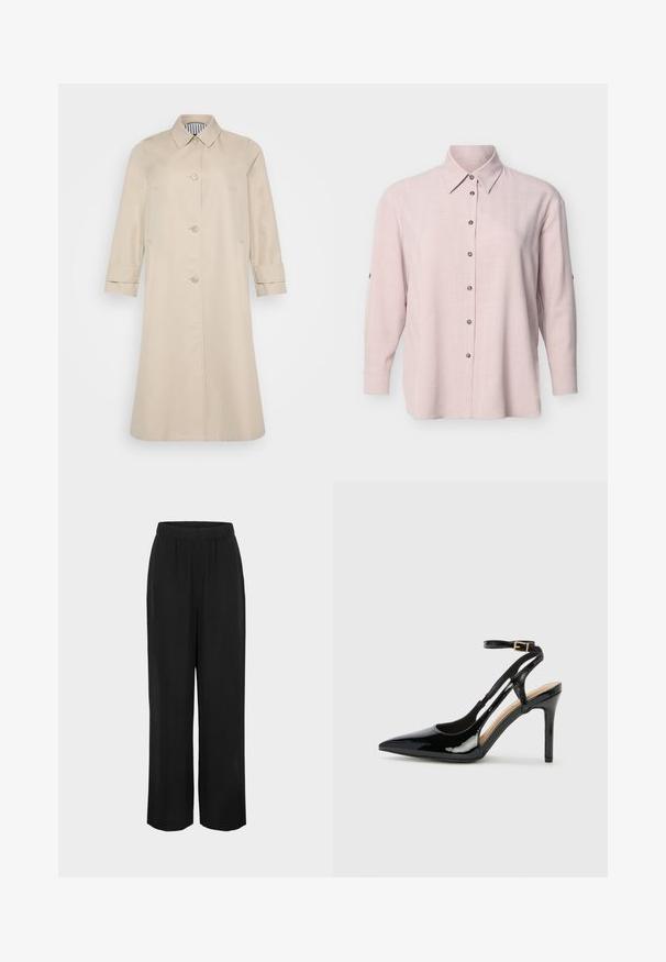 Beige trenchcoat met een recht model, knoopsluitingen en een kraag. Voorzien van zijzakken en omgeslagen mouwen. Glad textuur.; Lichtroze langermelig overhemd met knopen en een klassieke kraag, met zichtbare knopen aan de voorkant op een effen witte achtergrond.; Zwarte broek met wijde pijpen, elastische tailleband, gladde stof en een losse pasvorm, getoond tegen een effen lichtgrijze achtergrond.; Zwarte lakleren hoge hak slingback schoenen met spitse neus, verstelbare enkelband en open zijkanten. Gladde textuur.
