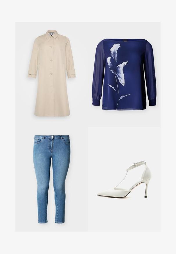 Beige trenchcoat med lige snit, knaplukninger og krave. Har sidelommer og mansjetter på ærmerne. Glat tekstur.; Marineblå bluse med lange ærmer af gennemsigtigt materiale og et stort hvidt blomsterprint på forsiden.; Blå højtsiddende skinny jeans med knap foran, lynlås og design med fem lommer, vist mod en ensartet lys baggrund.; Hvid spids højhælet sko med tynd ankelrem og spænde, glat finish og slank stilethæl på ensfarvet baggrund.