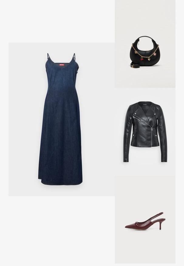 Sort læderjakke med asymmetrisk lynlås, moto-stil krave, sølv hardware detaljer og en tætsiddende pasform. Glat tekstur.; Mørkeblå denim maxi-kjole med spaghettistropper og et lille rødt Diesel-logo på brystet, vist på en ensfarvet hvid baggrund.; Bourgogne læder slingback pumpe med spids tå, lav stilet hæl og lille knudedetalje foran, vist på ensfarvet baggrund.; Sort læderhåndtaske med en buet form, guldkæde-rem og dekorative vedhæng, herunder en sommerfugl, kirsebær og en blomst.