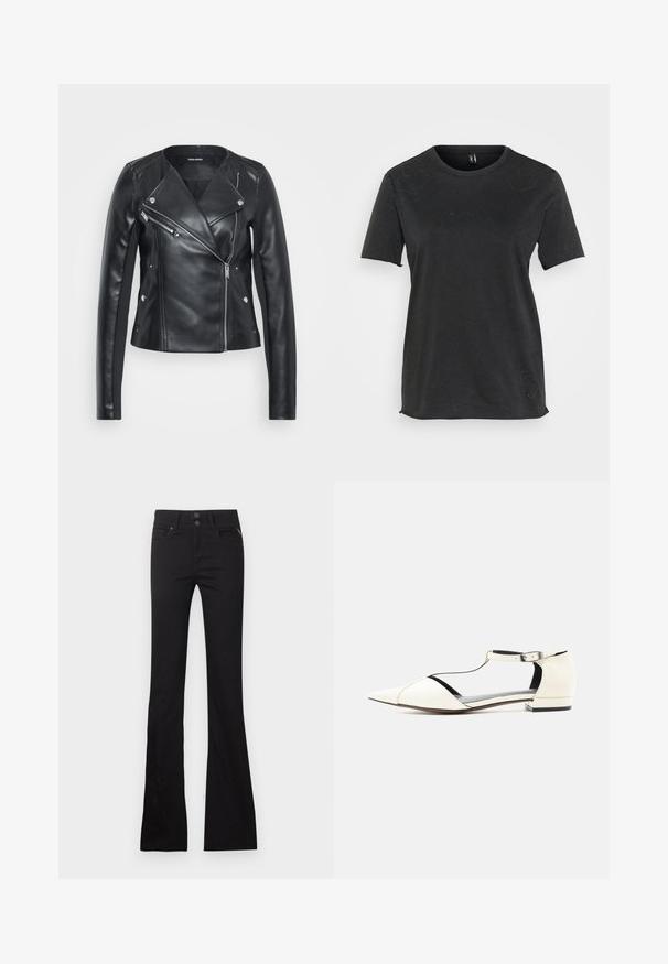 Sort læderjakke med asymmetrisk lynlås, moto-stil krave, sølv hardware detaljer og en tætsiddende pasform. Glat tekstur.; Sort kortærmet t-shirt lavet af bomuld med hjerteformede rhinesten-detaljer foran. Rund halsudskæring og afslappet pasform.; Sorte højtaljede flared jeans med forlommer, bæltestropper og toknapslukning på ensfarvet baggrund.; Hvid flad sko med spids tå, T-rem og ankelspænde, lav hæl og udskårne sider, vist på en neutral baggrund.