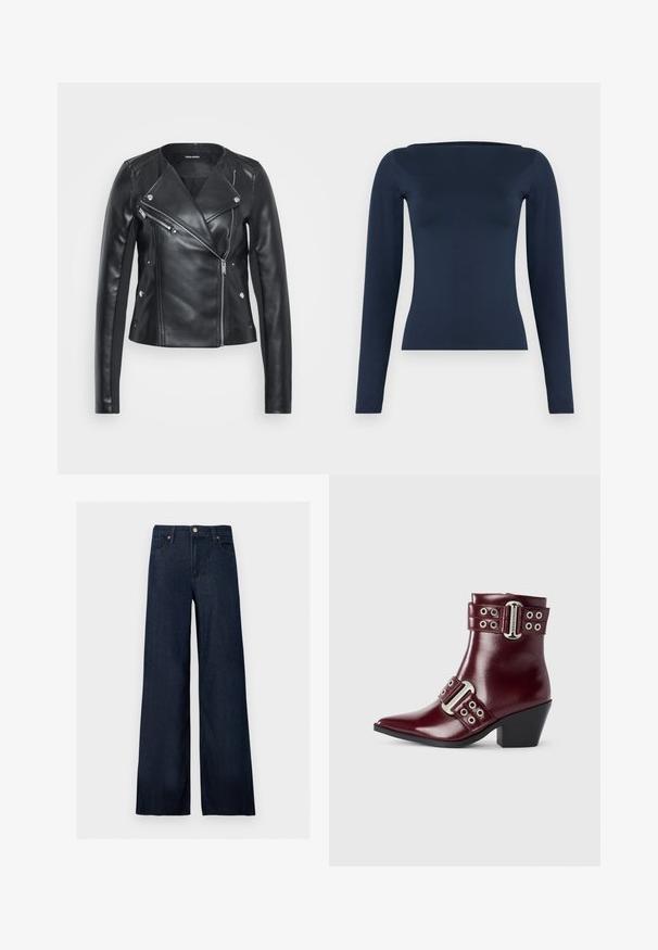 Sort læderjakke med asymmetrisk lynlås, moto-stil krave, sølv hardware detaljer og en tætsiddende pasform. Glat tekstur.; Navyblå, langærmet, figursyet damebluse med en bred bådhalsudskæring og en glat, elastisk stoffinish.; Mørkeblå vidde jeans i denim med frontknap, bæltestropper og fem-lomme design på en ensfarvet baggrund.; Burgunderfarvet læder ankelstøvle med spids tå, dobbelt spændejustering, sølvdetaljer og en lav blokhæl. Glat, blank overflade.