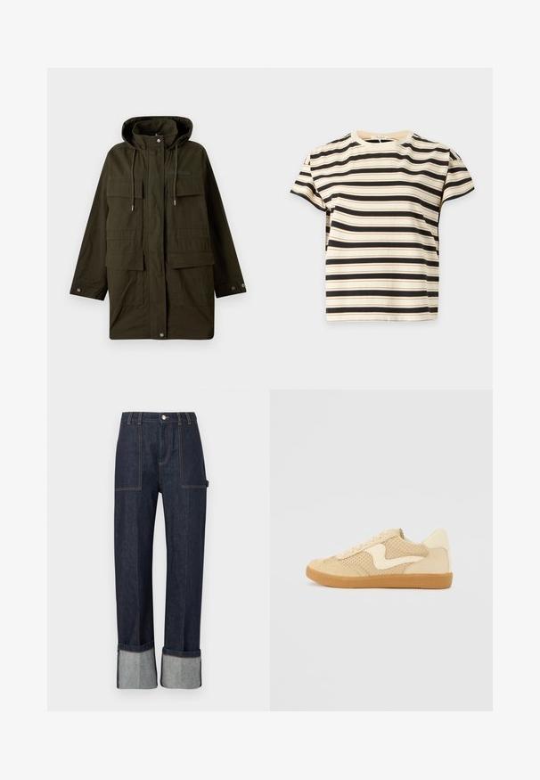 Parka vert foncé à capuche avec fermeture éclair devant, boutons-pression, cordon à la capuche et quatre grandes poches à rabat.; Chemise crème à manches courtes avec des rayures horizontales noires et fines marron et un col rond sur un fond uni.; Pantalon en denim bleu foncé avec larges revers, poches plaquées à l'avant, passants pour ceinture et fermeture par bouton à la taille.; Sneaker beige avec des matériaux en daim et en maille, forme arrondie, col rembourré proéminent et semelle en caoutchouc gomme. Présente un accent de design en forme de vague.