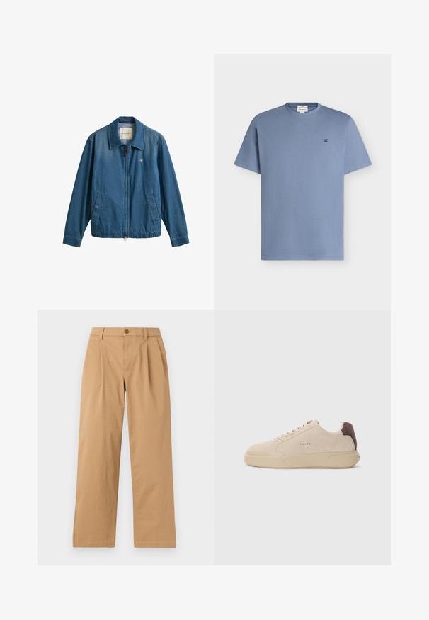 Μπλε denim μπουφάν με φερμουάρ και γιακά, δύο μπροστινές τσέπες και μικρό λογότυπο GANT στο αριστερό στήθος.; Ανοιχτό μπλε βαμβακερό μπλουζάκι με κοντά μανίκια, στρογγυλή λαιμόκοψη και μικρό μαύρο λογότυπο "cK" στο αριστερό στήθος.; Ανοιχτό καφέ παντελόνι με ίσια γραμμή, εμπρόσθιες πιέτες, θηλιές για ζώνη και κούμπωμα με κουμπί στη μέση, σε απλό φόντο.; Μπέζ σουέτ αθλητικά παπούτσια με στρογγυλή μύτη, κορδόνια και καφέ σουέτ λεπτομέρεια στη φτέρνα. Διαθέτουν υφή από καουτσούκ στη σόλα.