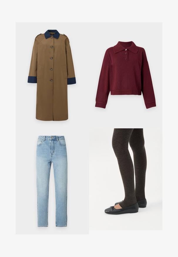 Lang brun trenchcoat med marineblå krave og manchetter, fem knapper foran, to sidelommer og skulderklapper.; Bordeaux pullover med krave, tre knapstolper og ribbet kant ved nederdel og manchetter. Blød tekstur med en afslappet pasform.; Lyseblå denimjeans med lige ben, fem-lomme-design, metalknaplukning og diskrete slidningsdetaljer foran.; Ben iført mørke ribbede leggings kombineret med sorte balletsko med små sløjfedetaljer på hvid baggrund.