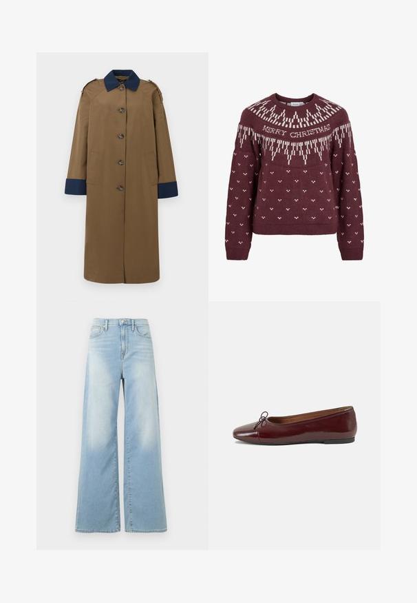 Lang brun trenchcoat med marineblå krave og manchetter, fem knapper foran, to sidelommer og skulderklapper.; Bordeauxrød sweater med rund halsudskæring med hvid tekst "MERRY CHRISTMAS" og et strikket snefnugmønster på bærestykket og kroppen.; Lyseblå jeans med vide ben og høj talje, forrest med knapper og lommer, vist mod en hvid baggrund.; Bordeaux patentlæder balletflad med rund tå, lille sløjfeaccent foran og en lav, sort gummisål. Glat tekstur.